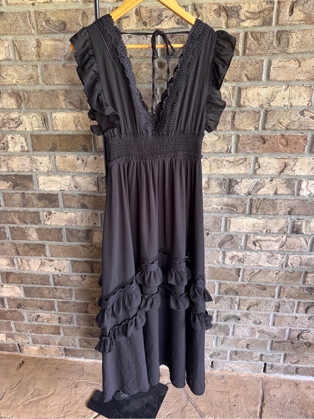 Baltic Born Jasmine Ruffle Maxi Dress Black Lace Trim Smocked Flutter Sleeve M - Picture 11 of 16